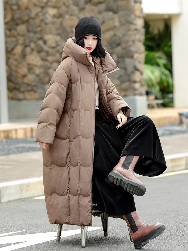 الشتاء مقنعين طويلة كبيرة الحجم أسفل سترة الإناث الدافئة باركر طول الركبة أبلى المرأة الأبيض بطة أسفل مزدوجة سستة أسفل سترة #6