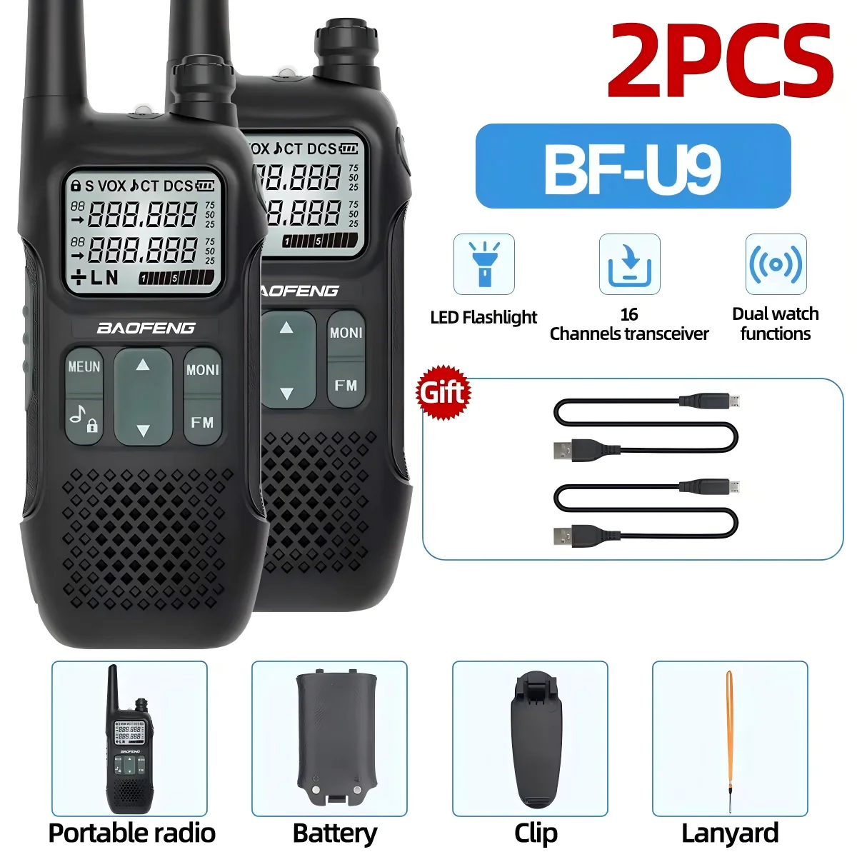 2 قطعة Baofeng BF-U9 جهاز اتصال لاسلكي صغير UHF 400-470 ميجا هرتز FM VOX NOAA عالية قوية شاحن يو اس بي مصباح يدوي المحمولة اتجاهين الراديو