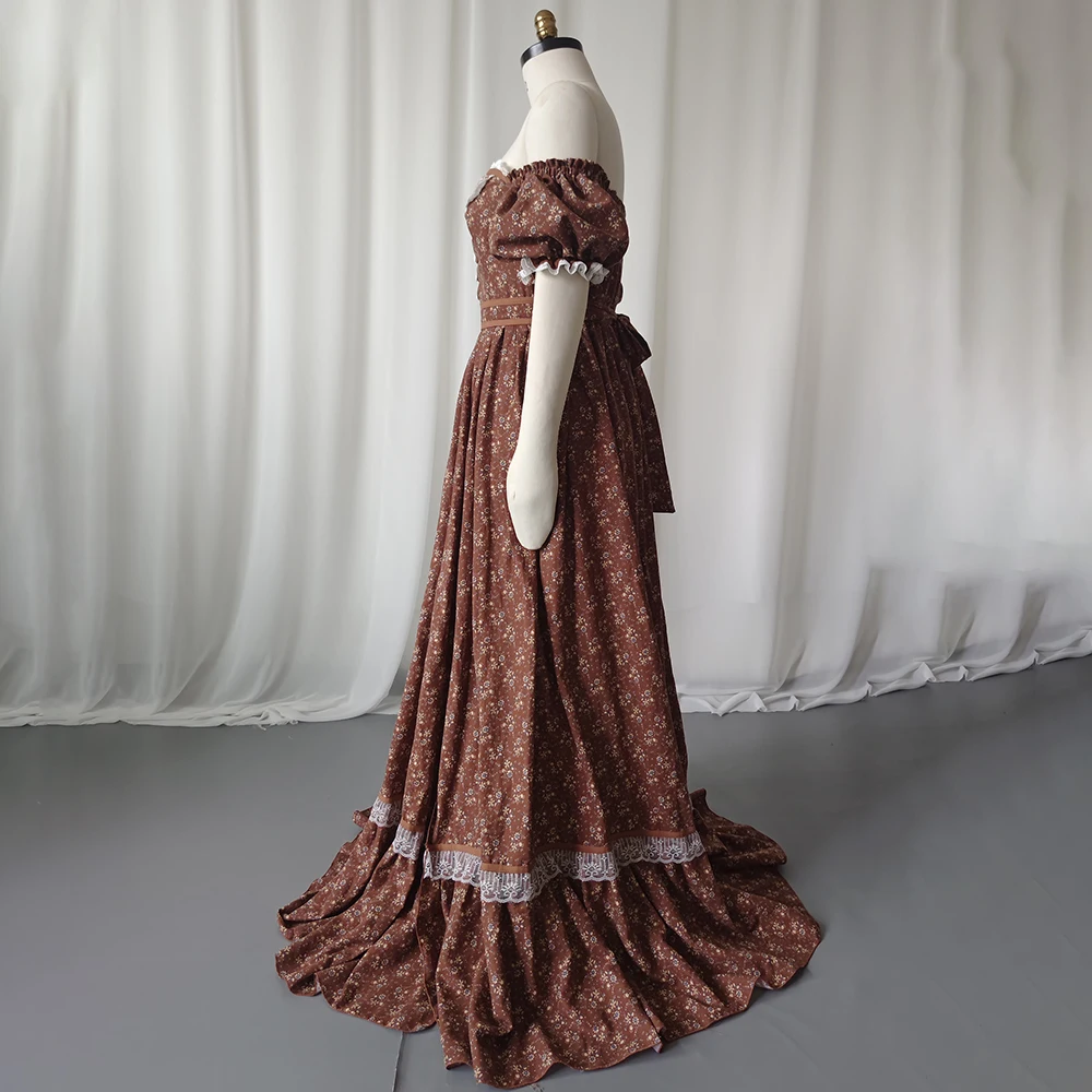 Gaun Hamil Elegan Pemotretan Gaun Hamil Lengan Lentera Bahu Terbuka Motif Bunga Vintage untuk Pakaian Wanita Baby Shower