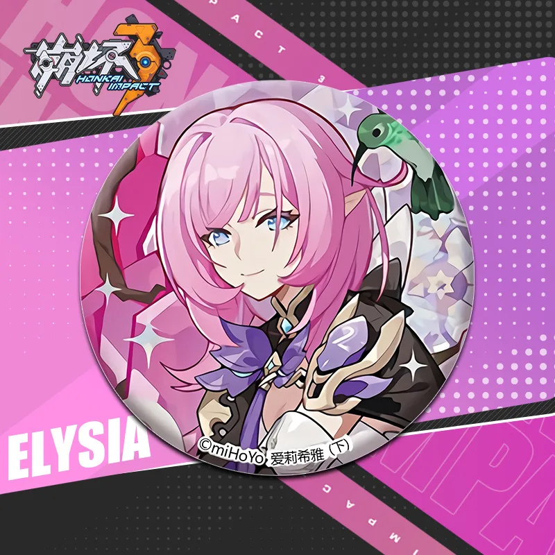 Broche de hojalata circundante para Cosplay de Honkai Impact 3 Elysia, personaje de Anime, accesorios de insignia de 58mm, regalo de Halloween para niños, ¡gratis!