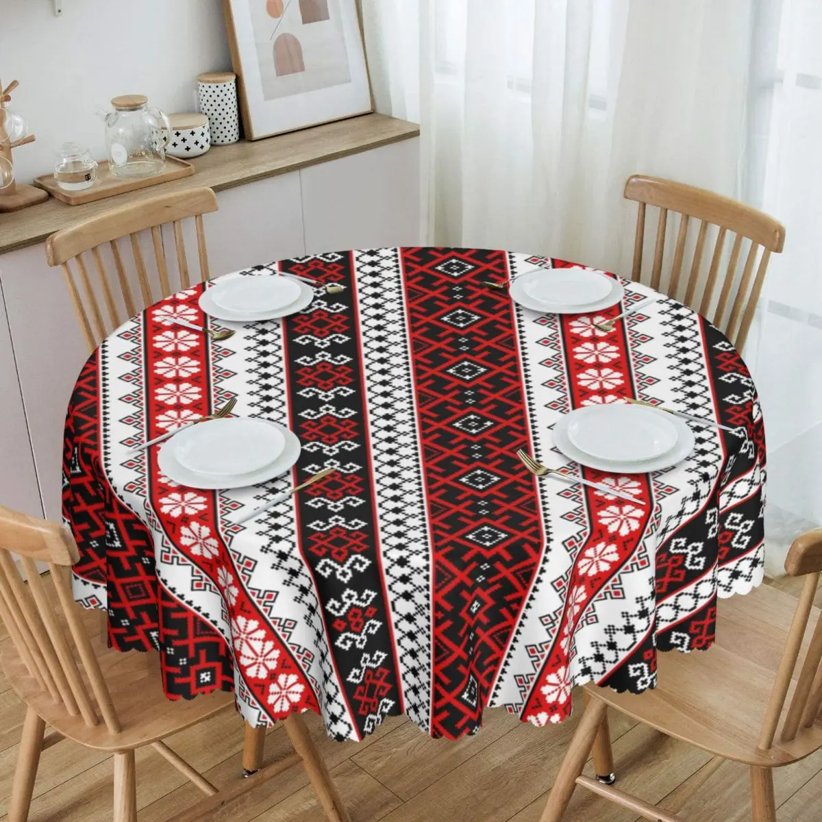 Custom Ukraine Style Vyshyvanka Embroidery Tablecloth Waterproof Oil-Proof Table Covers 60 inch Bohemian Geometric Table Cloth