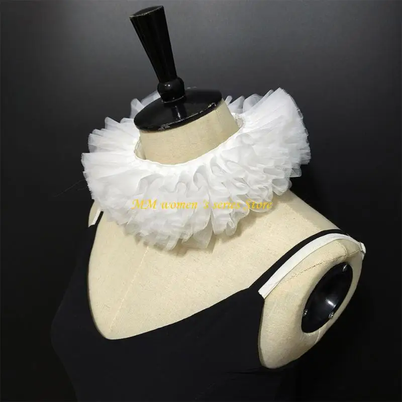 Q39C Classical White Ruffled Mesh Faux Collar Tulle Neck Ruff Clown Choker For Cosplay Costumes Themed Parties And Dress Up