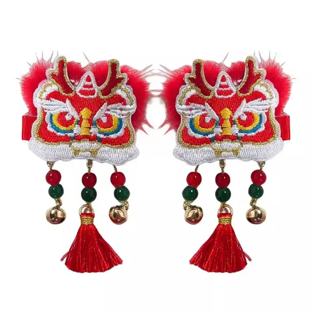 Embroidery Children Red Hairpin Lion Dance Tassel Chinese New Year Headwear Girl Hair Accessories Ancient Headwear