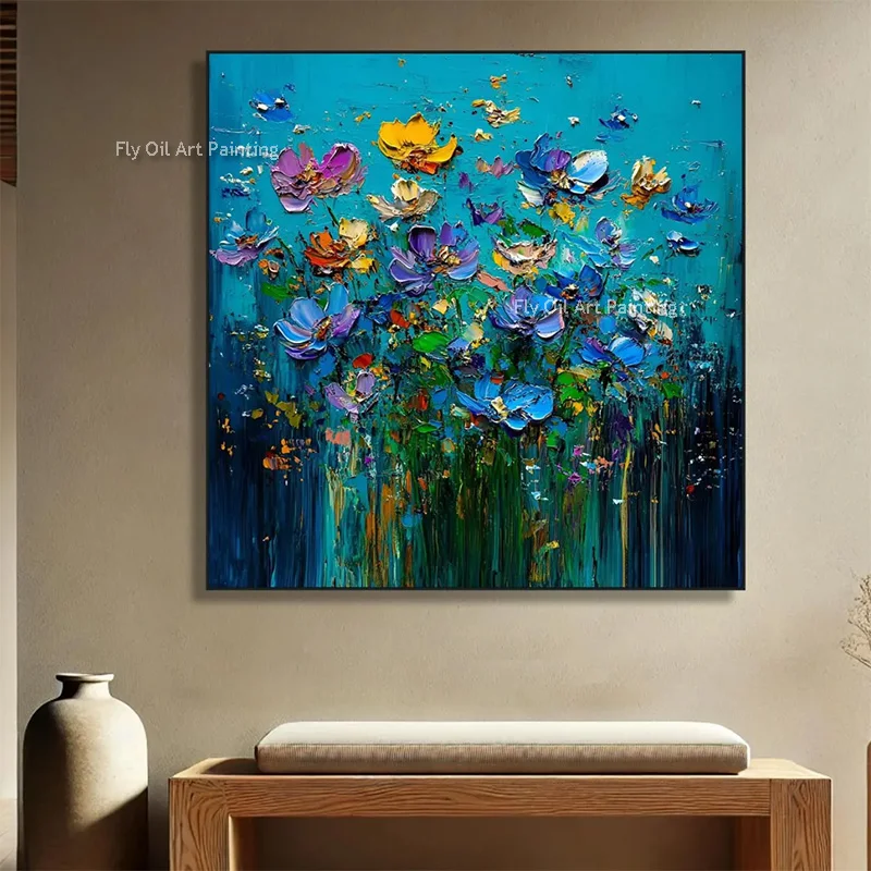 Modern Style Artwork Navy Blue Yellow Flowers Abstract Canvas Thick Oil Painting Hand Made Countyside View Wall Art For Room Dec