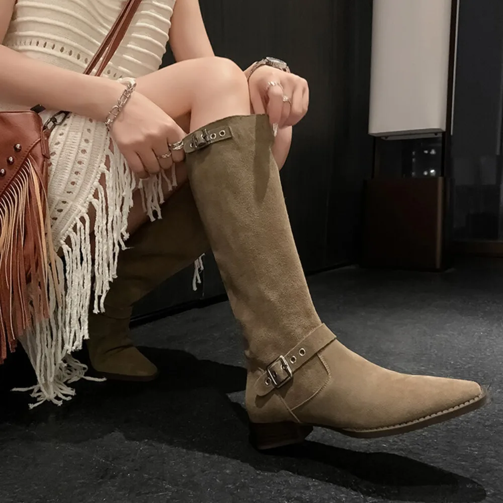 Knee High Western Boots Women Suede Boots 2024 New Fashion Buckle Modern Style Female Thigh High Cowboy Boots Flats Long Boots