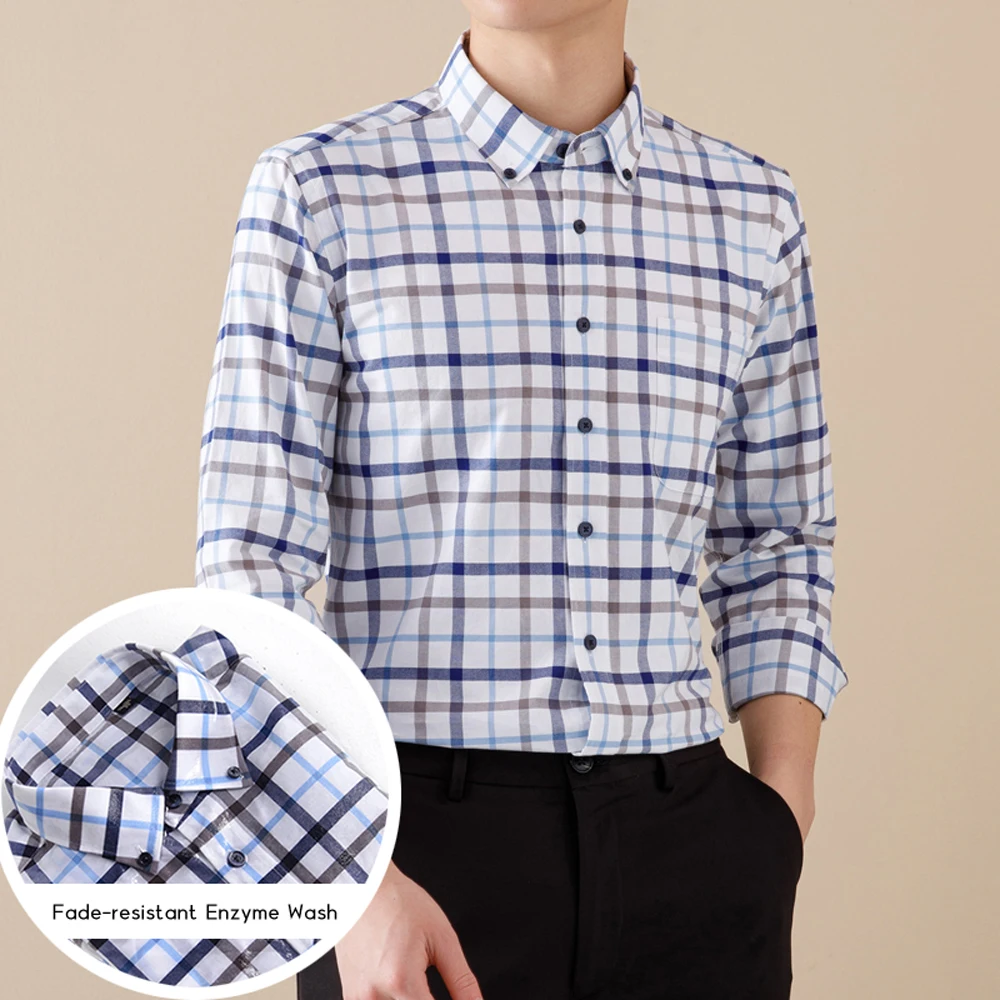 قميص أكسفورد بأكمام طويلة مغسول بأزرار سفلية للرجال مع جيب، 100% قطن ناعم ومريح كاجوال موضة ربيع الخريف ملابس رجالية