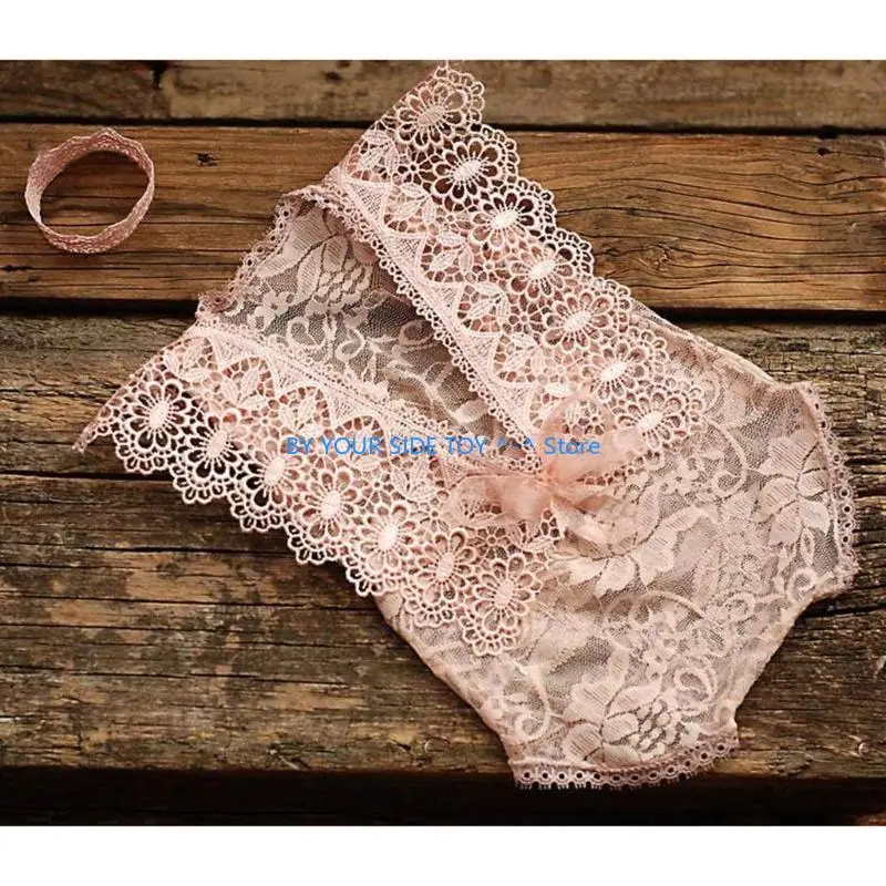 2 Pcs/Set 0-1Month Newborn Photography Props Baby Crown Headband Lace Hollow out Romper Bodysuits Outfit Costume U6XE