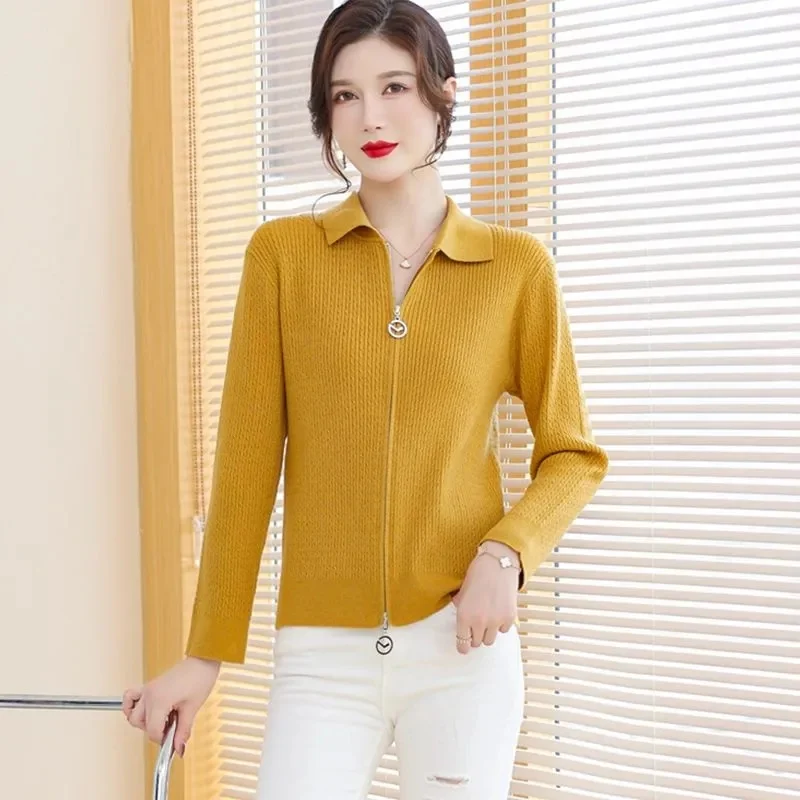 Zippered cardigan Autumn/Winter New Polo Collar High grade Knitted Sweater Fashionable Outwear with Clearance Women's Top Trend