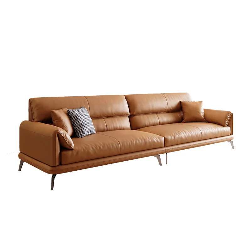 Italian minimalist first-layer cowhide sofa modern simple living room orange high-footed straight row light luxury leather sofa