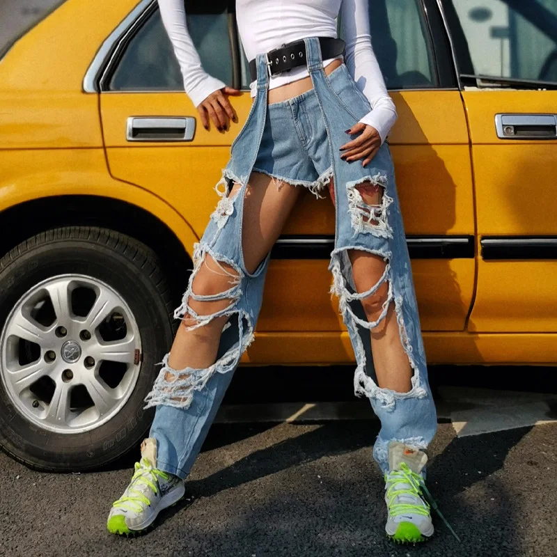 Street Jeans2024 New Stylewomen's Style Hollow Hole Women's Two-Piece Jeans Personalized Light-Colored High-Waist Straight Pants