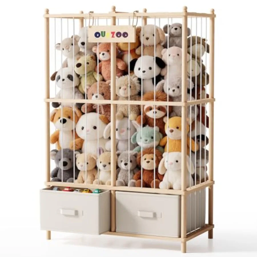 Large Plush Toy Storage Organizer with Wooden Base