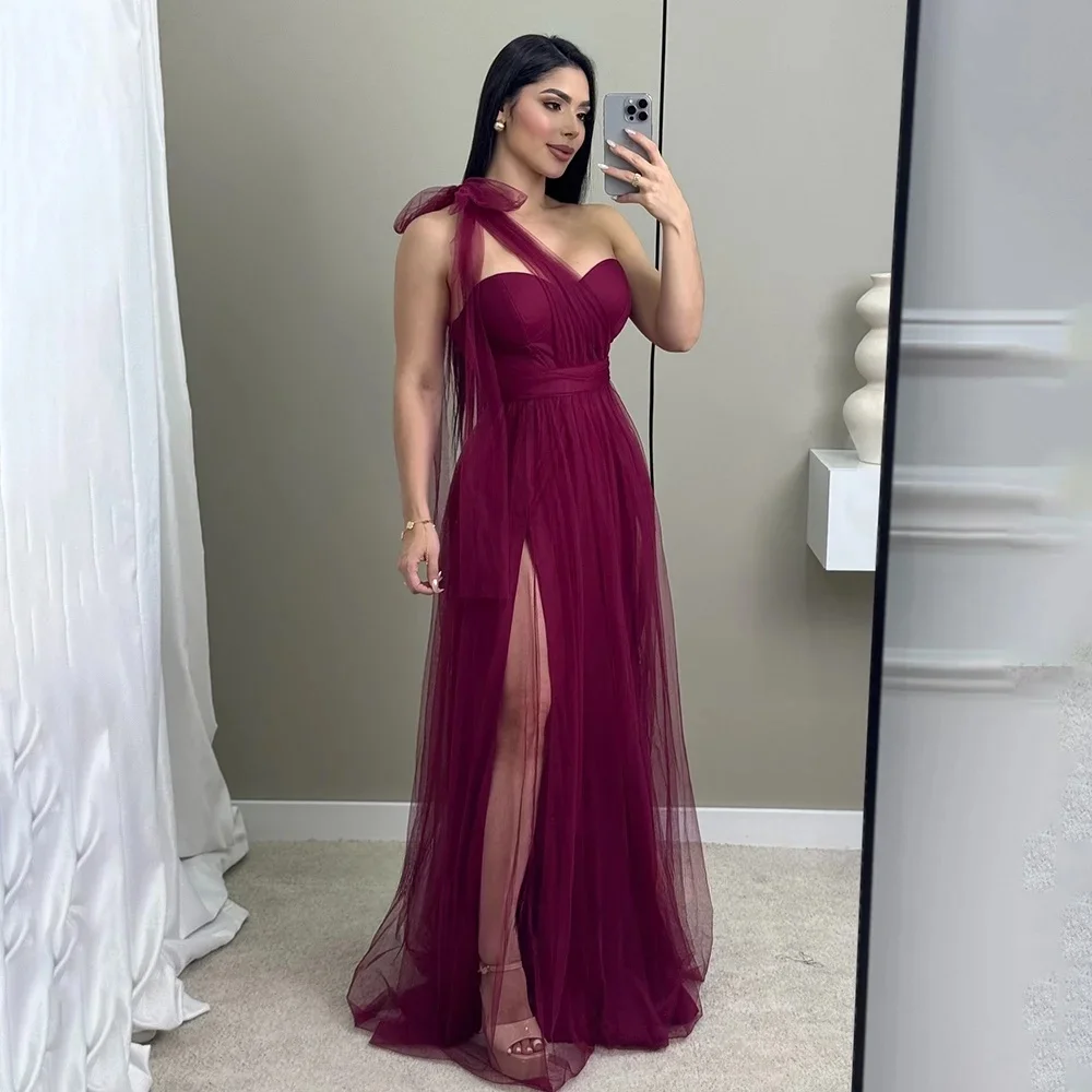 One Shoulder Sleeveless Pleated A-line Prom Dress Tulle Split Floor Length Evening Dress Customized vestidos de fiesta elegantes