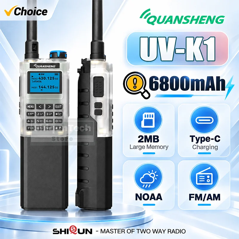 6800mAh Enlarger Extended Battery QUANSHENG UV-K1 Air Band Walkie Talkie UHF VHF FM AM 2MB Flash USB-C Long Range Mini Ham Radio