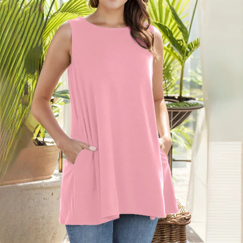 เสื้อกล้ามลําลองสีทึบของผู้หญิงขนาดใหญ่ เสื้อกีฬาแขนกุดคอกลม เสื้อผู้หญิง