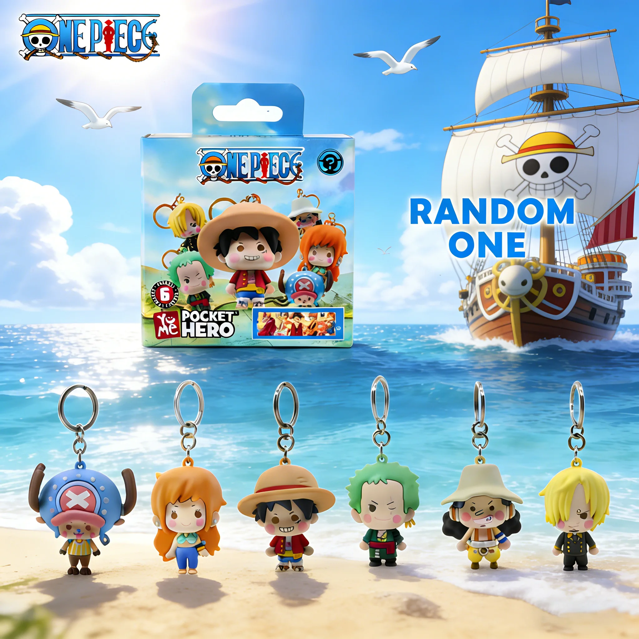 1 unidad Llavero de caja sorpresa con licencia oficial de One Piece, LUFFY ZORO NAMI, un personaje aleatorio, estilo de dibujos animados, bonito, para decoración de mochilas