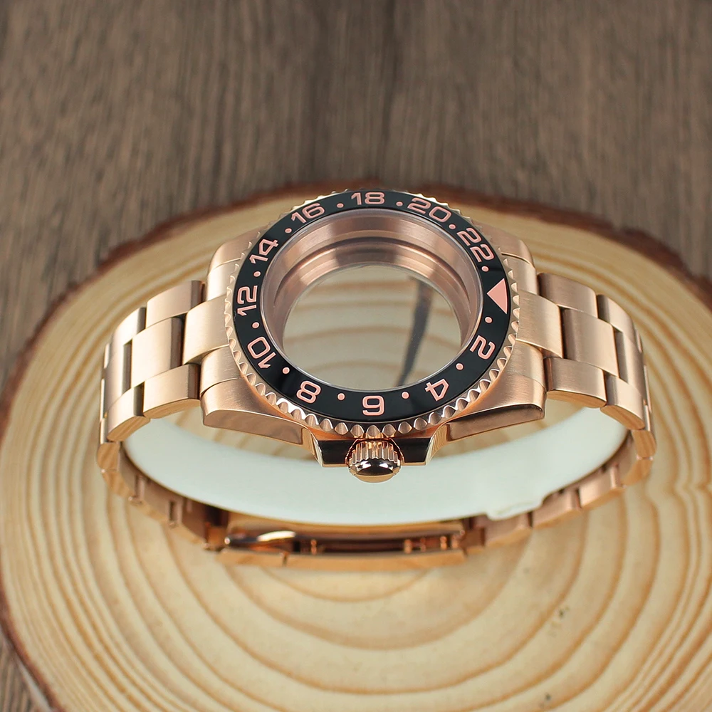 40 مللي متر PVD ساعة ذهبية وردية حزام الياقوت كريستال زجاج ل NH35 NH36 NH34 8215 2824 Movt 28.5 مللي متر الطلب 120 نقرات GMT ROOTBEER
