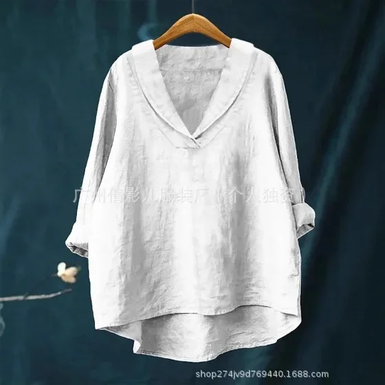 

Ropa De Mujer V-neck Solid Color Long-sleeved Cotton And Linen Pullover Loose Temperament Top Shirt Women's Summer Commuting Top