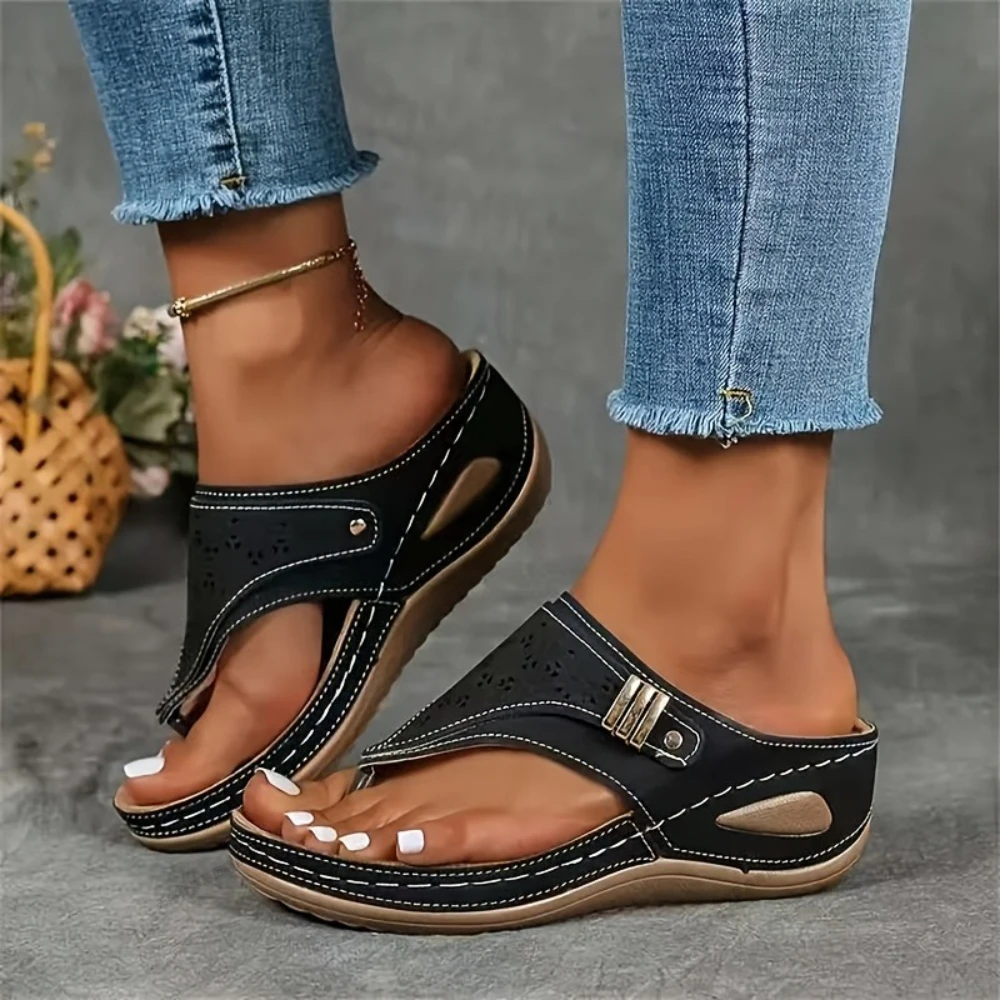 Super Hit Sandals for Women Women'S Wedge Toe-Thong Sandals Breathable Perforated Buckle Design Comfort Summer Footwear
