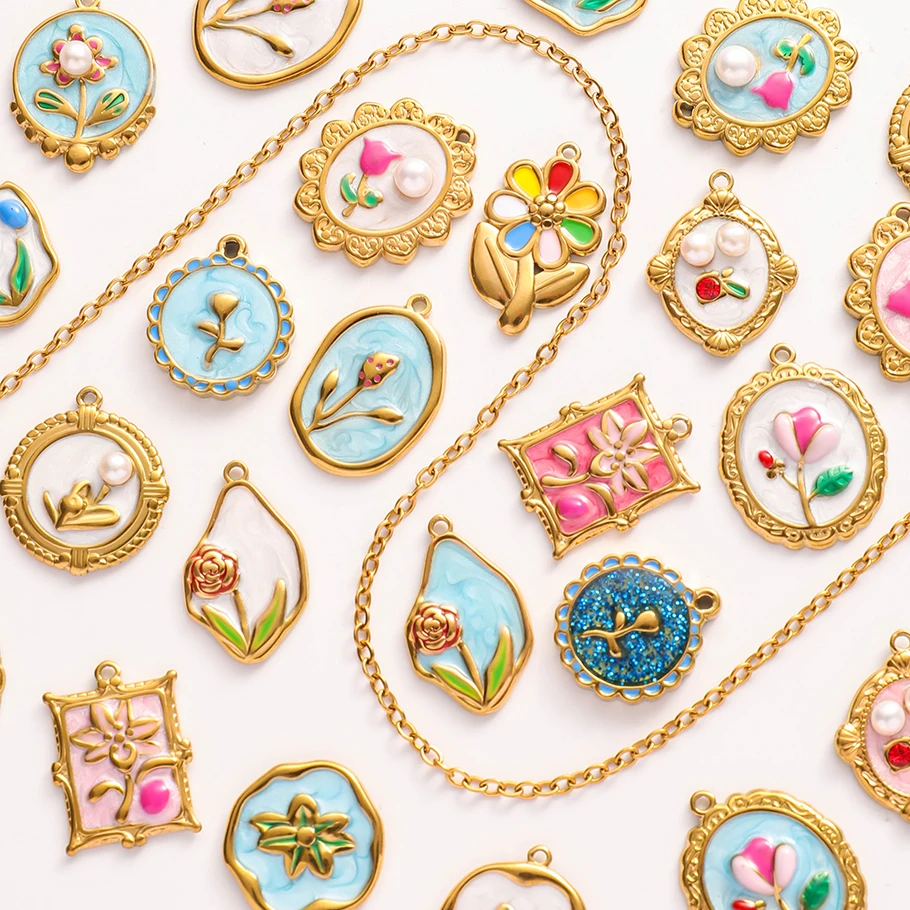 Real Natural Pearl Oval Irregular Rose Flower Tulip Pendant Colorful Enamel Charm Stainless Steel Charms For Jewelry Making Bulk
