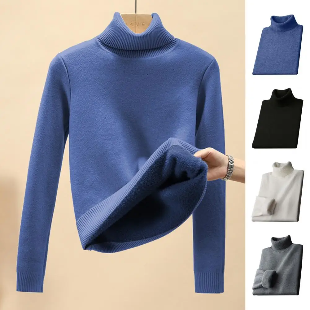 Men Winter Sweater Men's Half-high Collar Knit Sweater with Plush Lining Elastic Long Sleeves Solid Color Design Warm for Daily