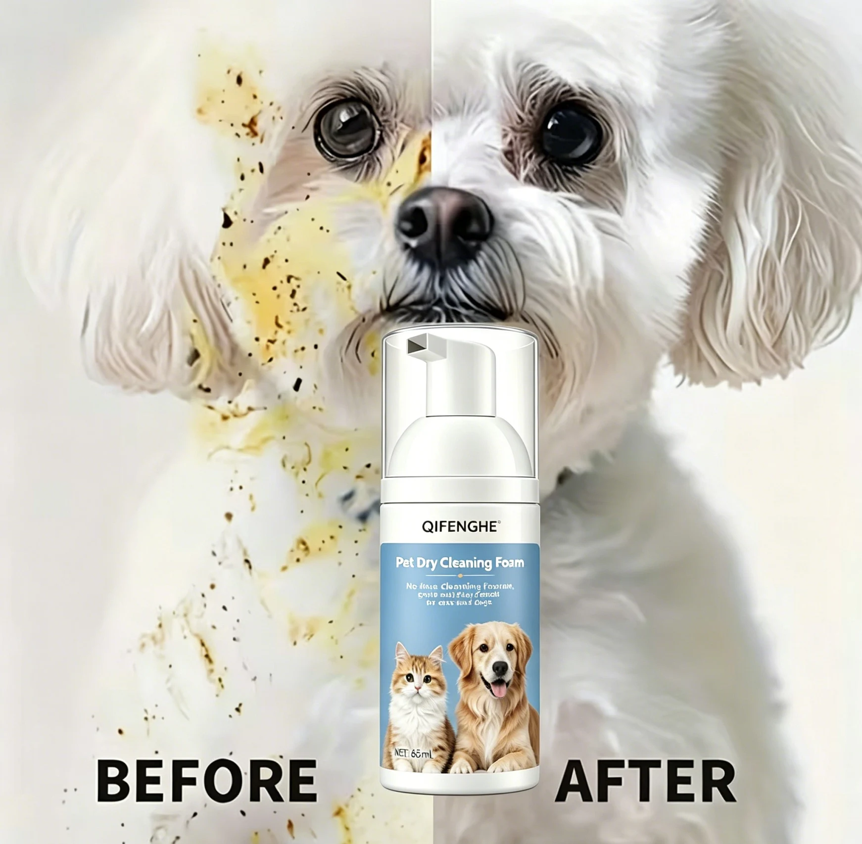 65mL No-Rinse Pet Dry Cleaning Foam, Plant-Based Gentle Waterless Shampoo for Cats & Dogs, Deep Clean Spot-Cleaning for Paws Ta