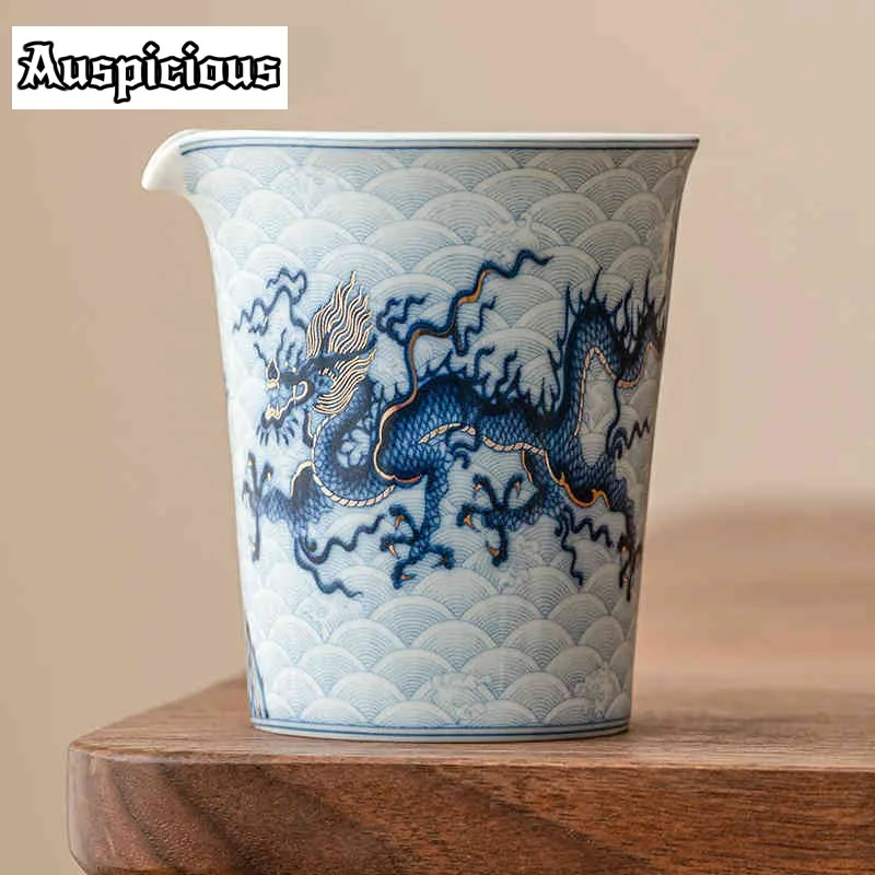 

200ml Gold Silve Inlaid Tea Pitcher Elegant Blue White Dagon Divide Tea Cha Hai Household Justice Cup Tea Items Craft Equipment
