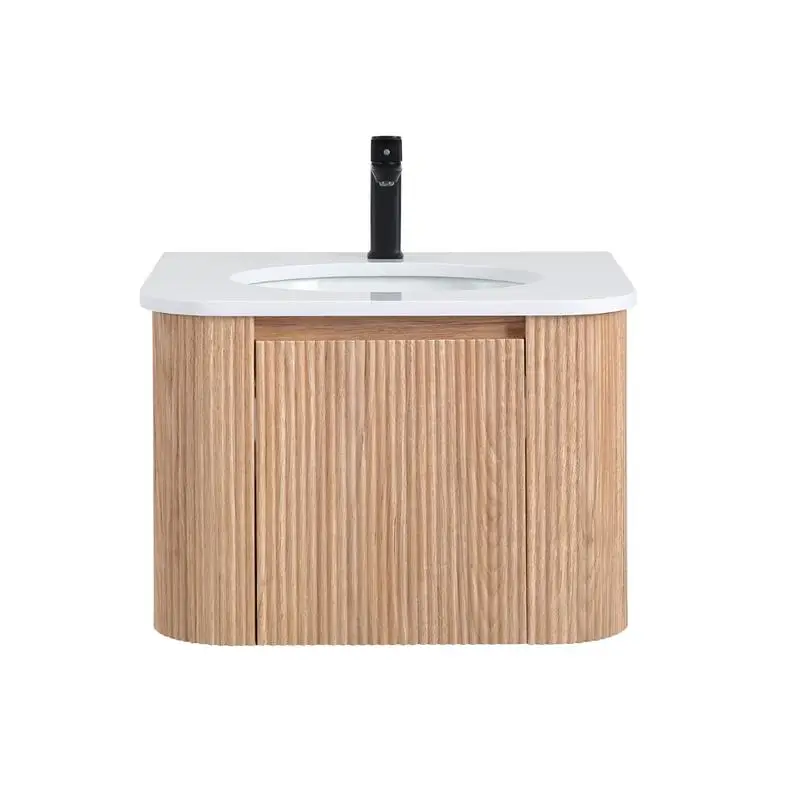 زينة حمام مثبتة على الحائط مقاس 24 بوصة مع حوض، تصميم منحني، لمسة نهائية من الخشب ذات ملمس مموج، رخام مدمج، تم تجميعها مسبقًا، #6