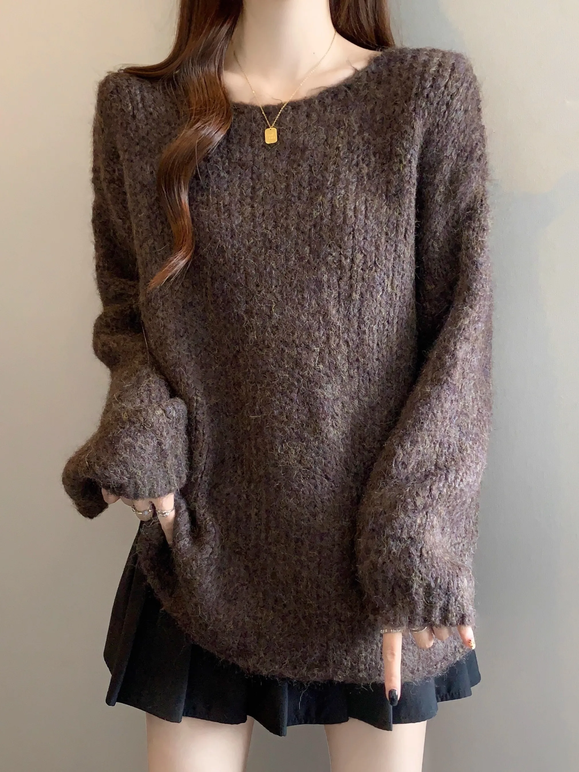 

är Au Lait Трикотажный свитер женский осенне-зимний свободный крой круглый Ne Long Sve Color Commute Sle plus Size Slim...