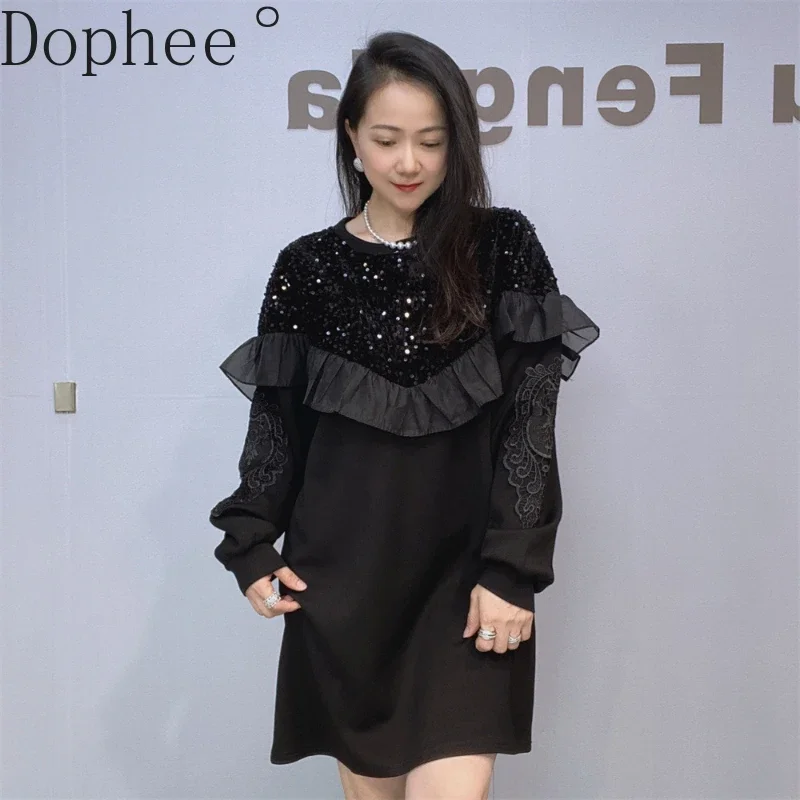 Heavy Sequins Sweater Dress Women 2024 New Autumn Winter Mid-long Space Cotton Dress Elegant Ruffles Splicing Bottoming Top