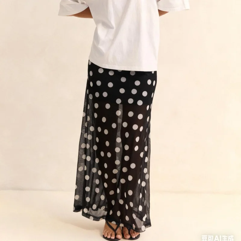 Y2K 페어리 코켓 스커트 드레스 여성용 맥시 스커트 시스루 로우라이즈 러플 폴카 도트 프린트 화이트 블랙 메쉬 시어 스커트
