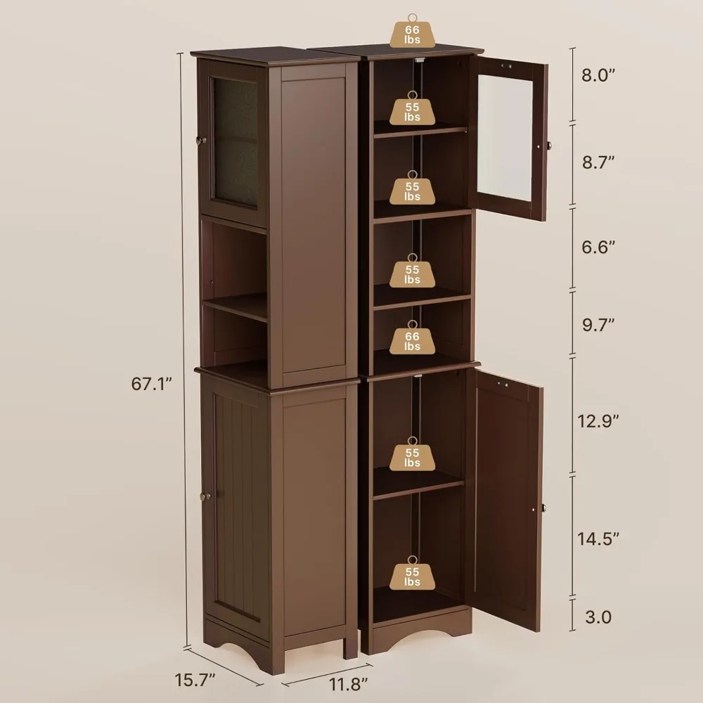 Armoire de rangement haute avec portes bidirectionnelles, tour de lin autoportante avec étagères réglables, armoire au sol