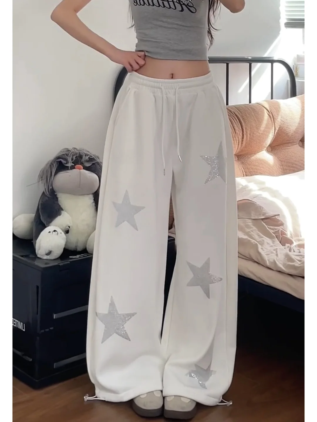 プラスサイズの女性用アメリカンレトロスターラインストーンワイドレッグパンツ、ハイウエスト、ゆったり、スリム、ドレープ、カジュアルパンツ、秋用...