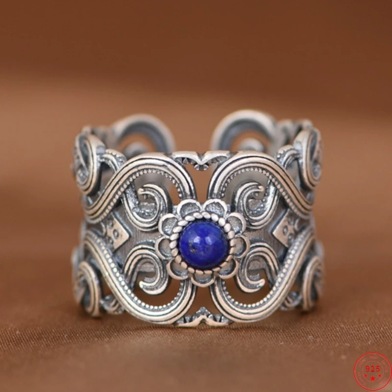 S925 Sterling Silver Rings for Women New Women's Fashion Hollow Eternal Vine Lapis Lazuli Wide Adjustable Jewelry Free Shipping