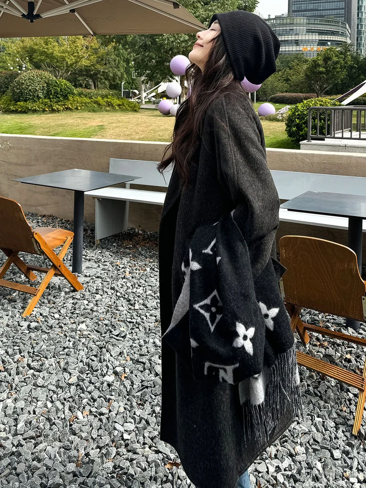 

Двустороннее пальто Camere Ele с глубокими глазами, женское зимнее новое шерстяное пальто с поясом, корейское свободное длинное пальто