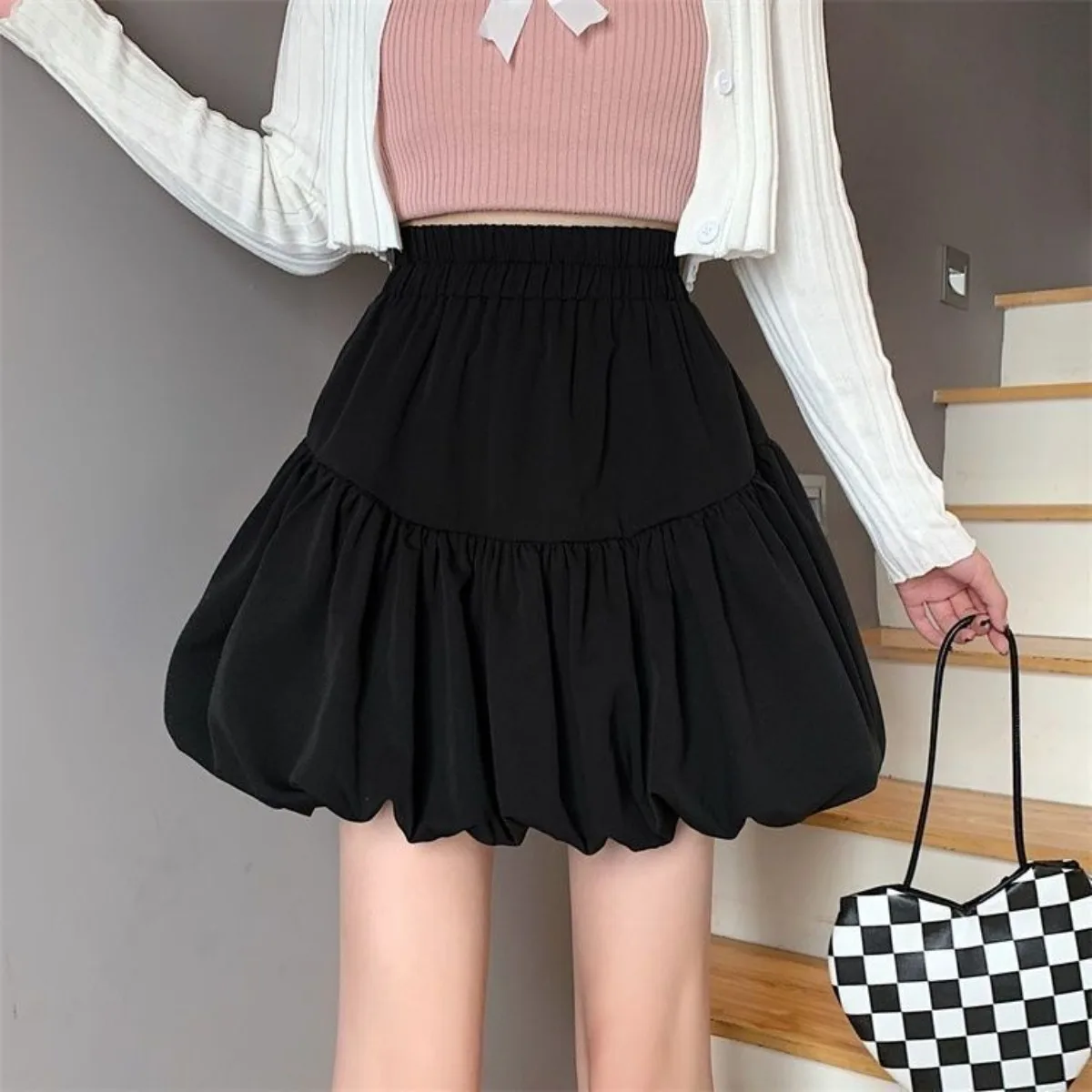 White Tiered Bubble Mini Skirt for Women, High Waist Puffy Cloud Cake Skirt with Built-in Shorts, Slimming Summer Skirt 2026