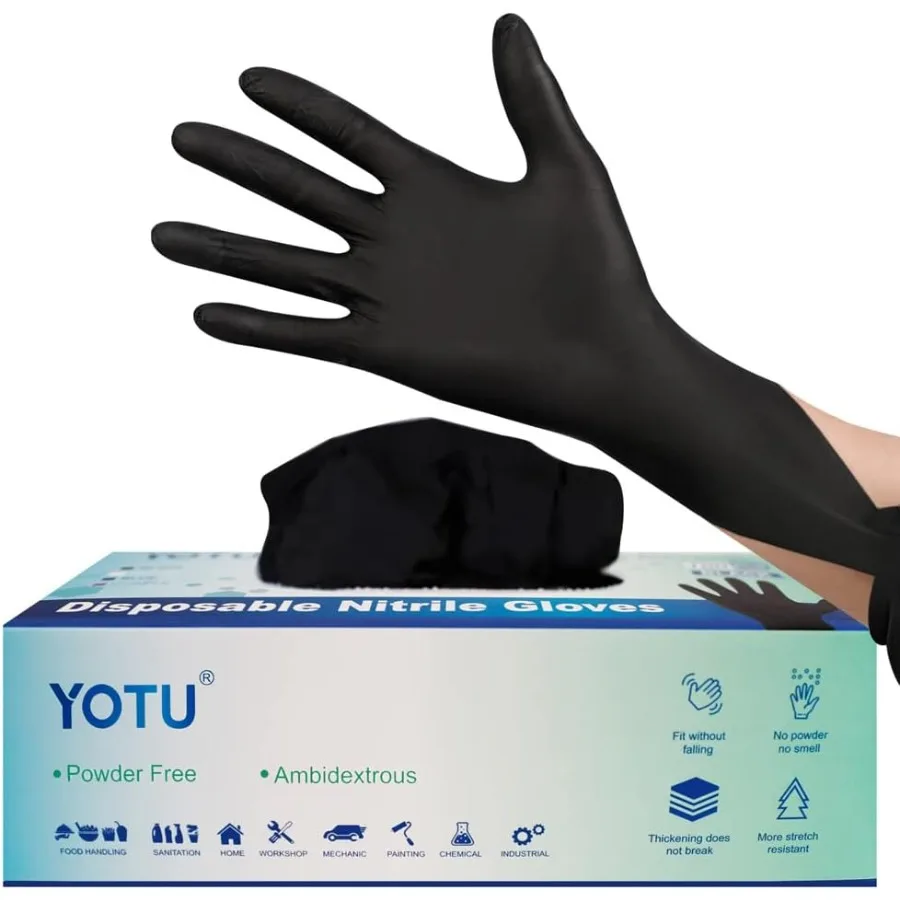 Черные одноразовые нитриловые латексные перчатки без пудры, 6 мил, текстурированные 100 штук для работы-механиков, бытовая уборка, обработка еды меня