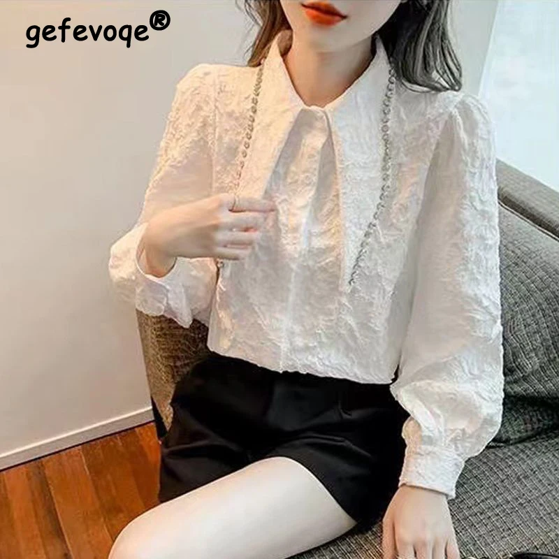 

Women Trendy Rhinestone Pointed Collar Designer Shirts Spring Autumn Elegant Black White Blouses Textured Chic Long Sleeve Tops