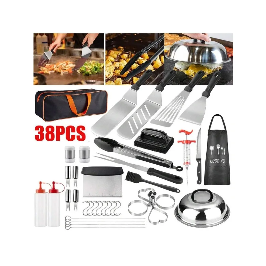 

【New style】38PCS Barbecue Tool Set Stainless Steel BBQ Griddle Accessories Kit BBQ Set With Spatula Scraper Bottle Tongs Egg Ri