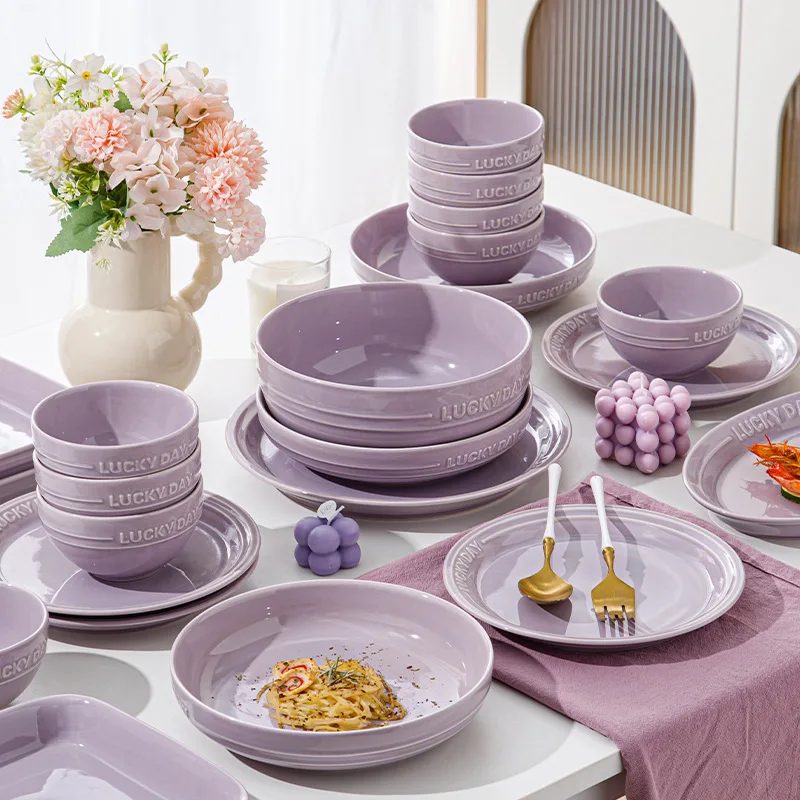 

LingAo--Ceramic purple household high appearance level solid color bowl, plate, soup bowl, tableware set