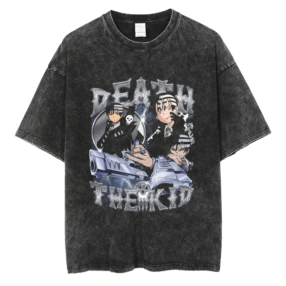 

Harajuku Streetwear Washed Black Tee Anime Graphic Print T-Shirt Summer Short Sleeve Cotton VintageTshirt Oversized T Shirt