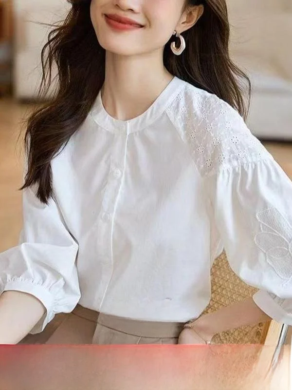 

Женская футболка Ele из смесового шелка с вышивкой, с рукавом три четверти, дышащая, повседневная, модная, для работы, стандартного кроя