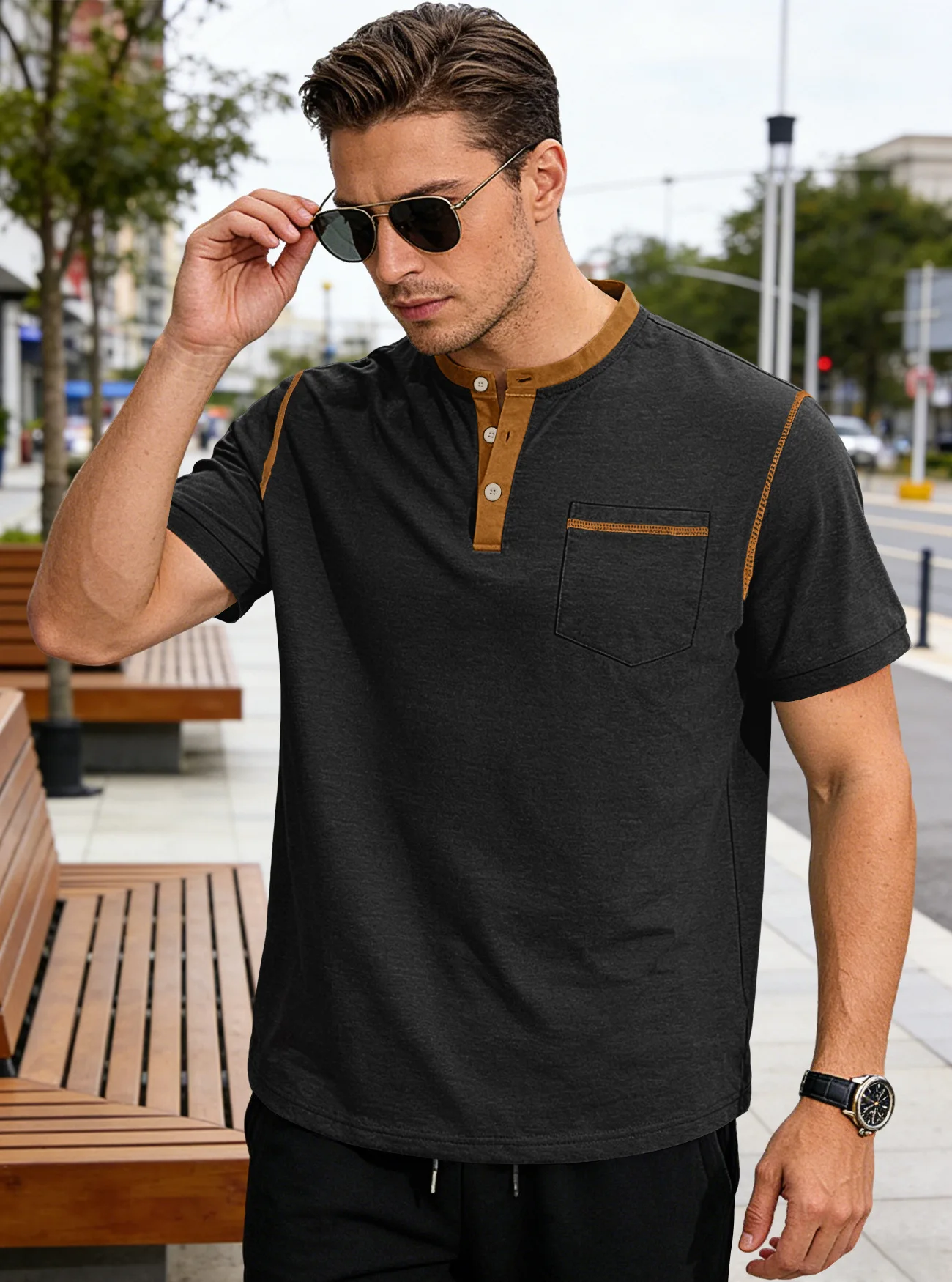 New summer men's loose round-neck Henry shirt with buttoned collar and pocket T-shirt, suitable for daily street casual wear.