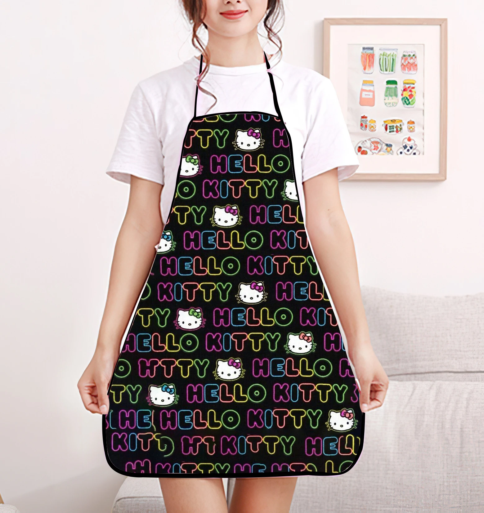 Cute HelloKitty Print Bib Apron - Adjustable one size fits all design, durable polyester material, non-stretch fabric, perfect f