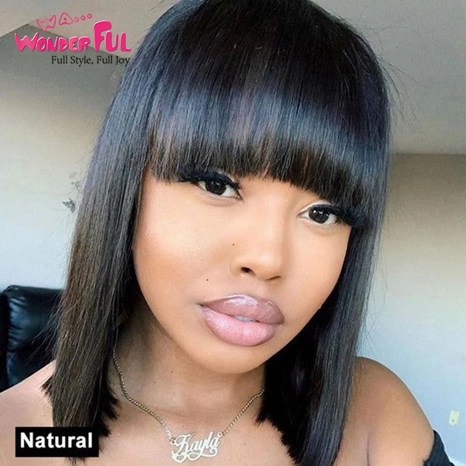 Brazilian Remy Hair Natural Short Straight Bob With Bangs 100% Human Hair Wigs For Black Women 180%D  Full Machine Made Wigs