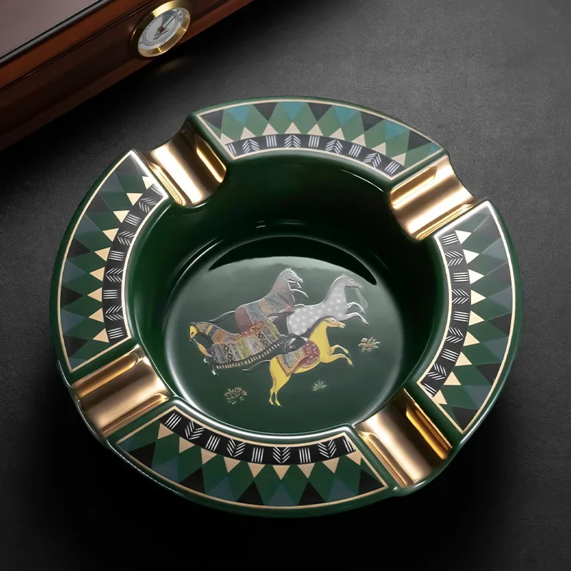 Luxury Ceramic Ashtray for Cigars, Plaid Pattern with Cigar Rest, Portable Ornament for Living Room Office Club, Male Gift Idea