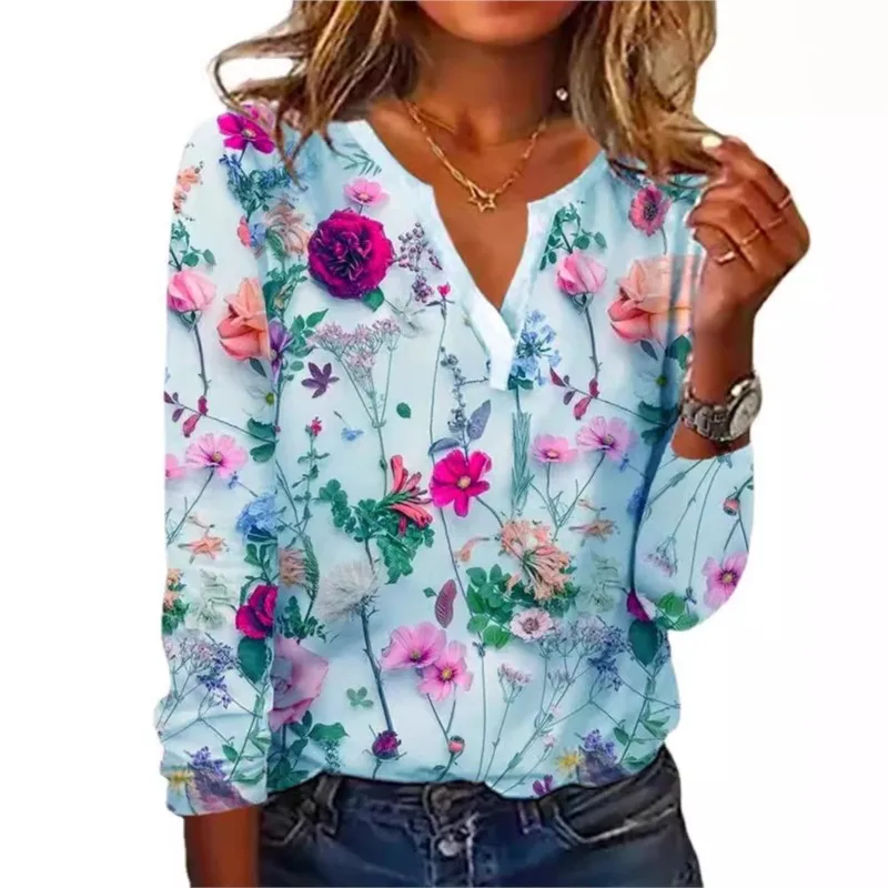 Vintage Flower Printed Long Sleeve T-shirt Autumn Women Loose Elegant Tops V-neck Office Lady Vacation Beach Casual Sweet Blouse