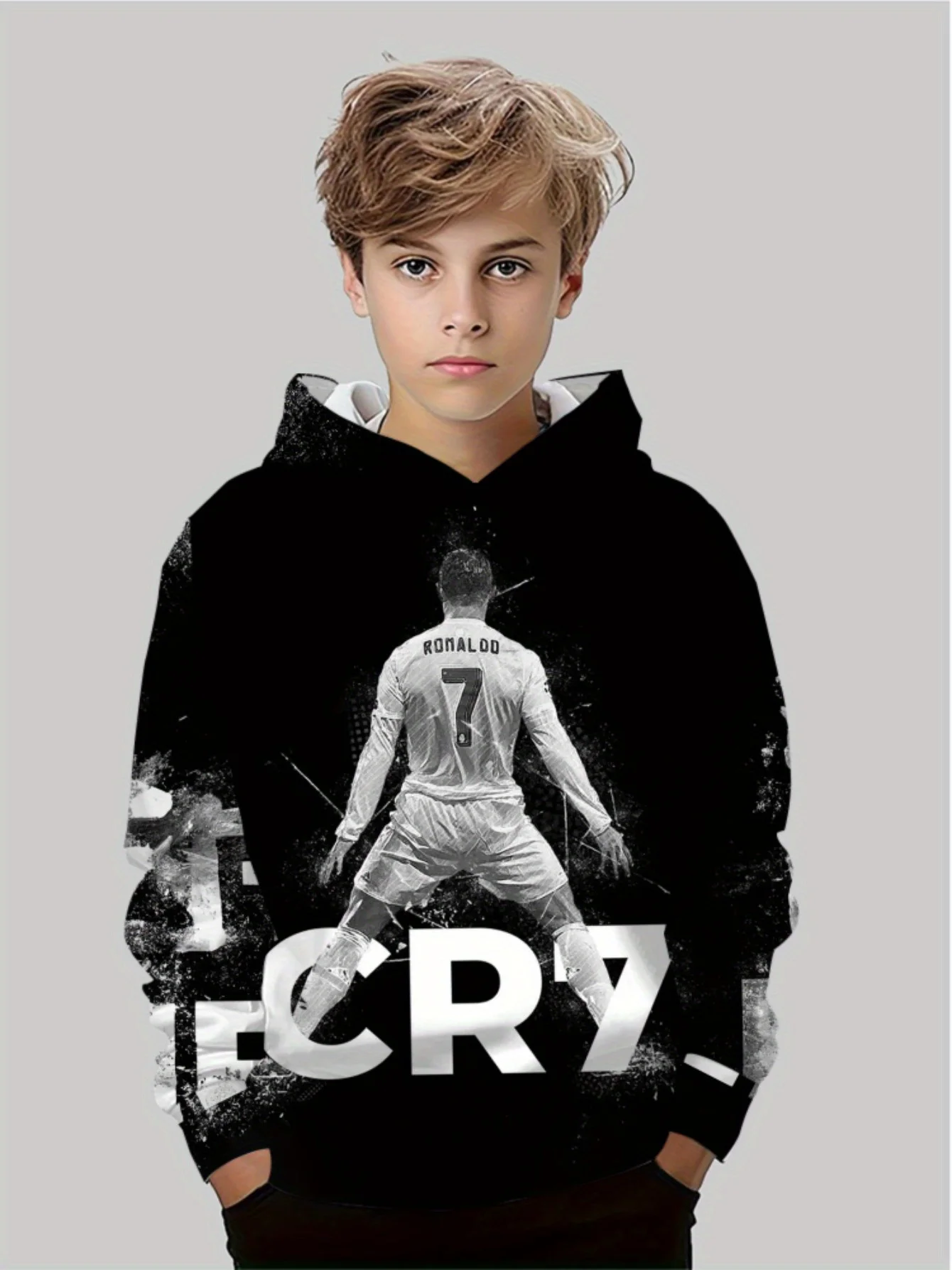 

2025 New fashionable children's casual hoodie, 3D printed with Ronaldo's pattern, daily wear, soft texture, comfortable touch