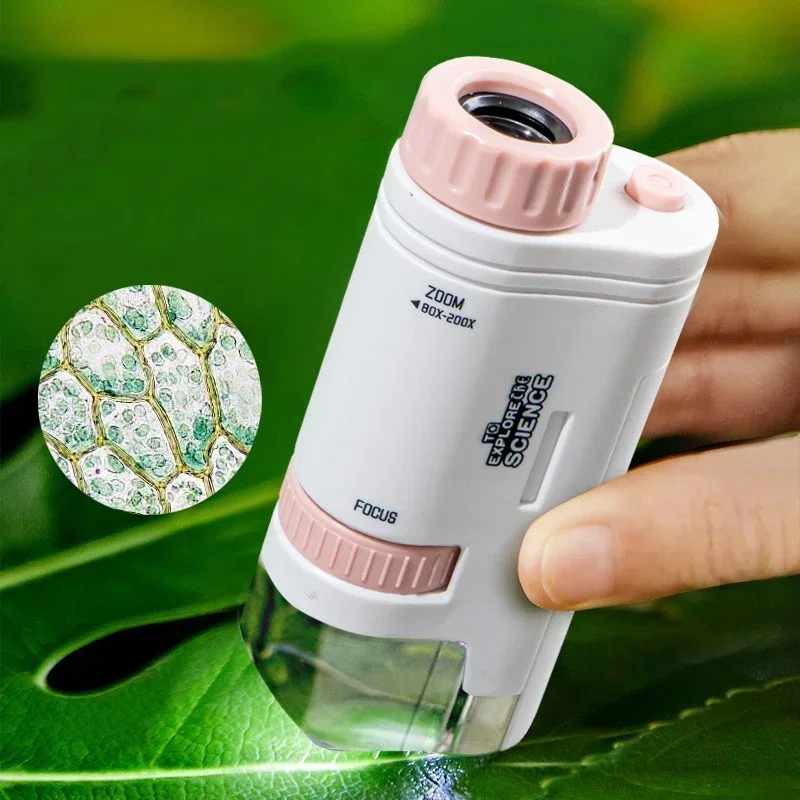 60-200X Children Microscope Pocket Microscope with LED Light Portable Electric Mini High Definition Science Microscope Outdoor