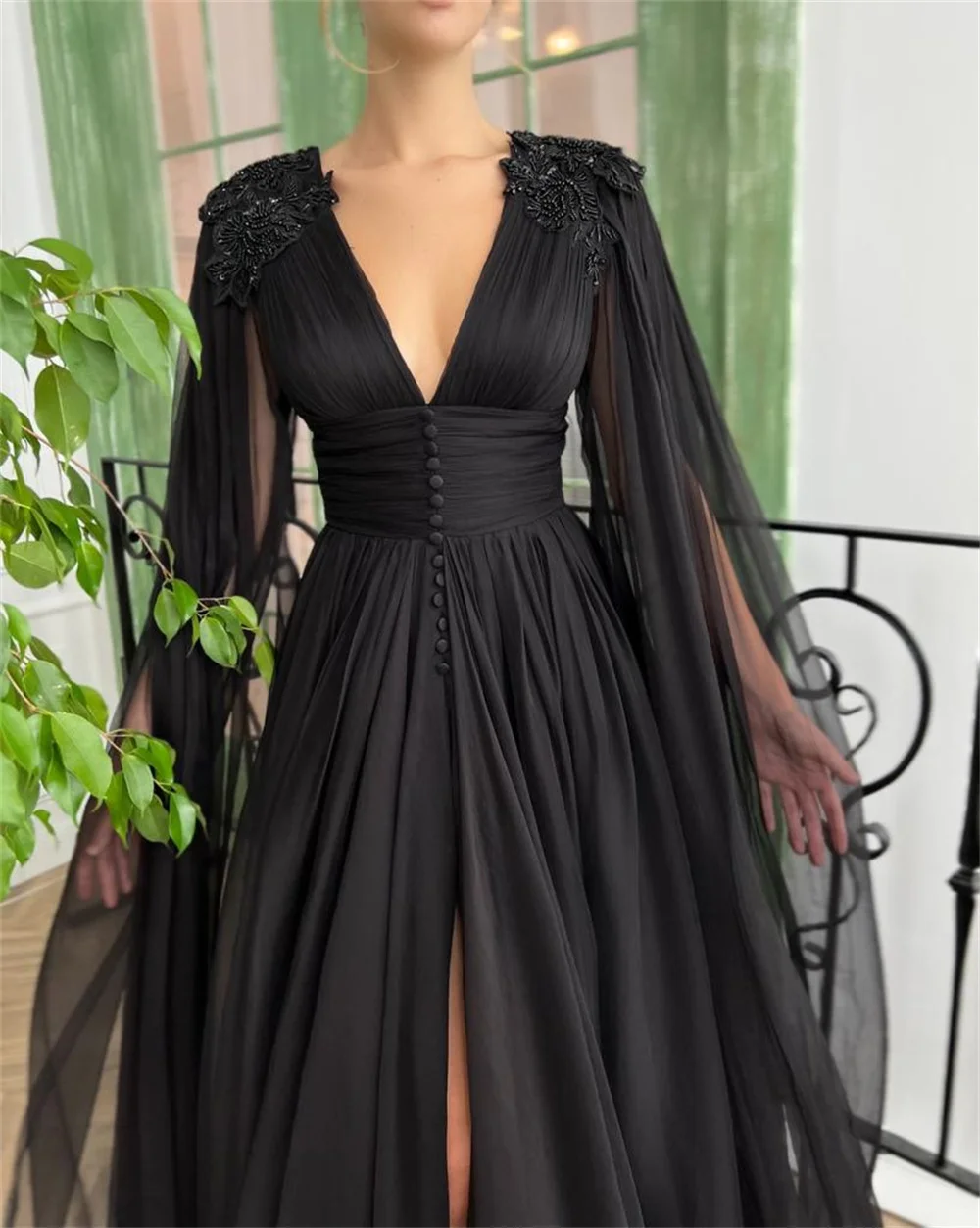 Cathy-Robe de Rhlongue au sol avec cape noire, robe de soirée fendue sur le côté, tulle personnalisé, robes de RhA-ligne, robes éducatives, sexy