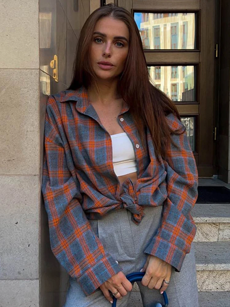 

Women Autumn Winter 2023 Oversized Plaid Shirt Thick Vintage Long Sleeve Loose Blouse For Woman Female